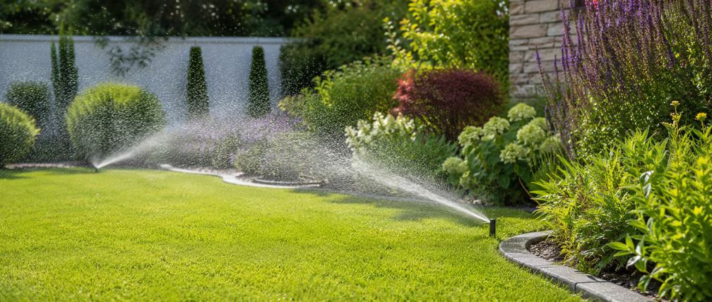 Automatic garden watering system with lawn sprinklers in operation