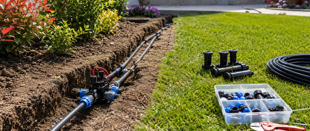 Garden irrigation installation with pipework and sprinkler components
