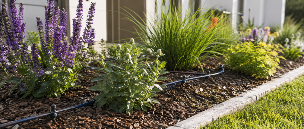 Maintained drip irrigation system in a planted garden border