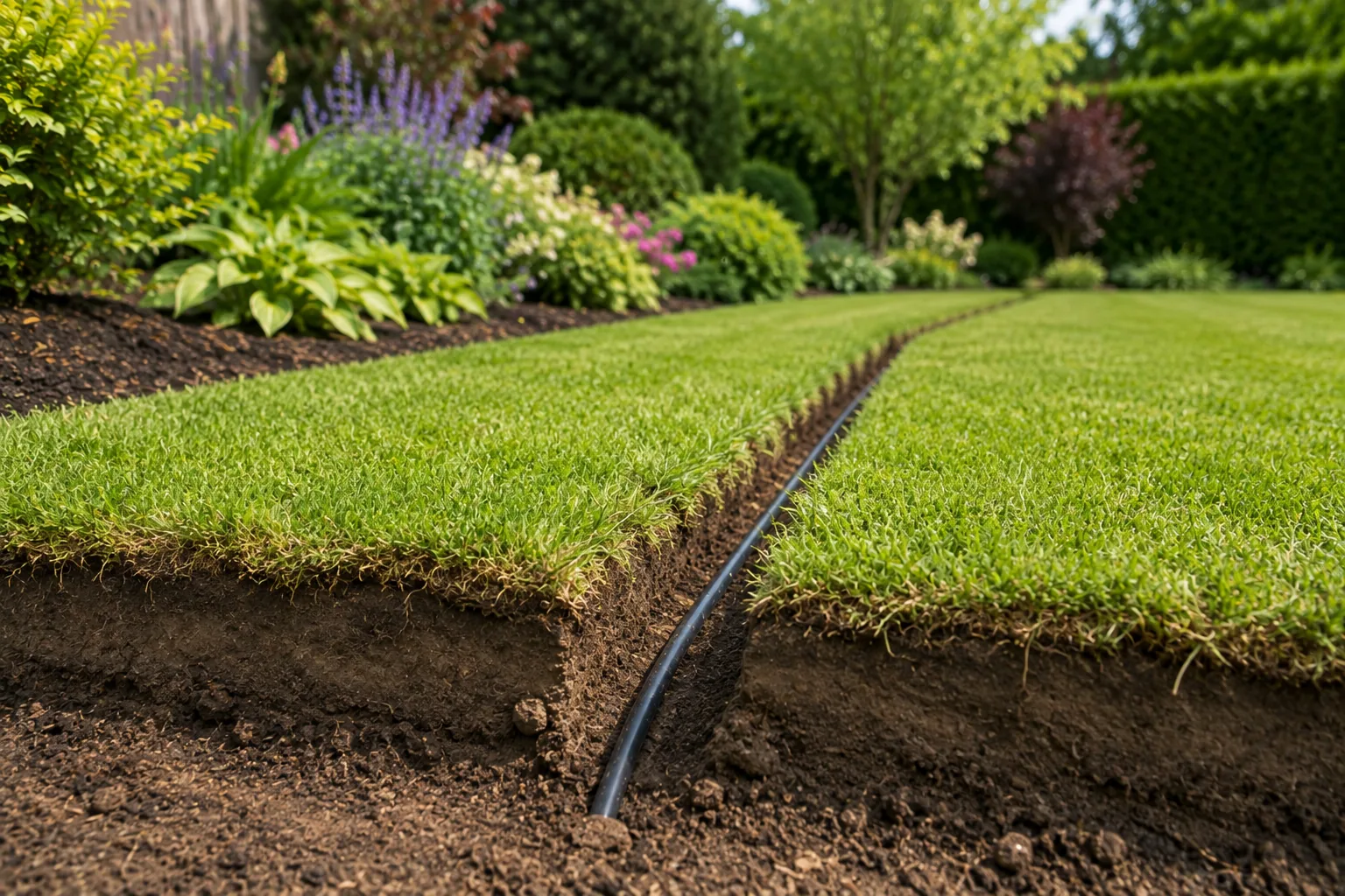 Mole plough irrigation pipe installation through an established lawn with minimal disruption