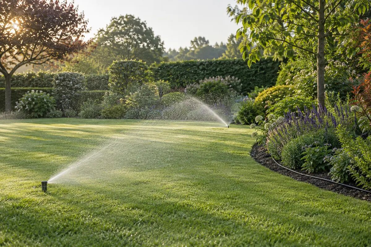 Automatic garden irrigation system watering a lawn and planted border